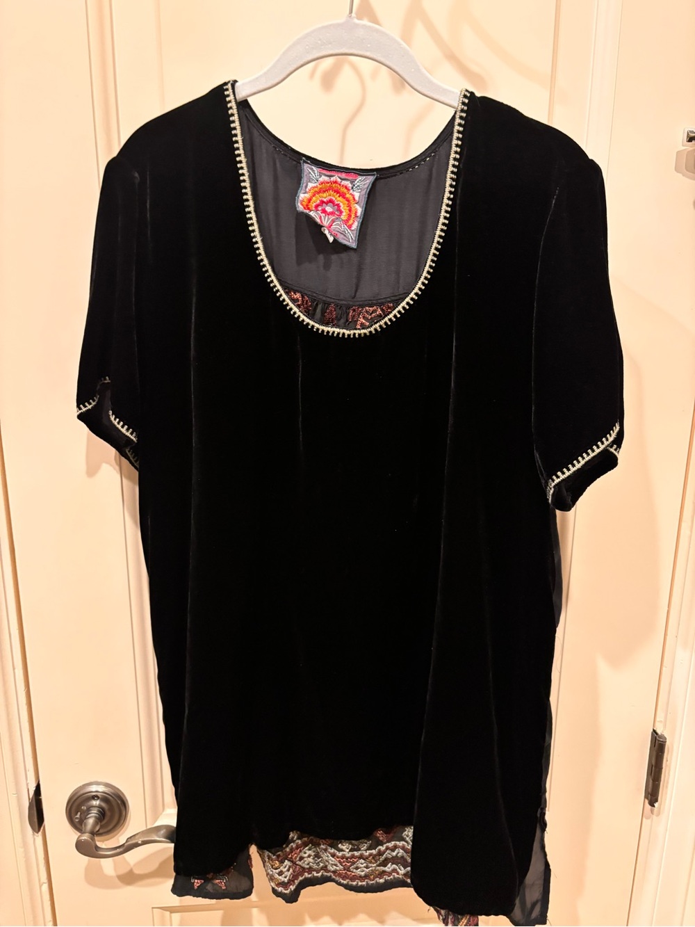 Johnny Was Black Velvet Short-Sleeve Tunic with Cream Trim